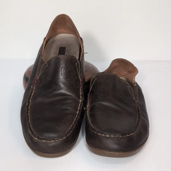 OluKai Dark Brown Leather Slip-On Loafers Size 8 Contract Stitching Drop Back - Picture 3 of 11